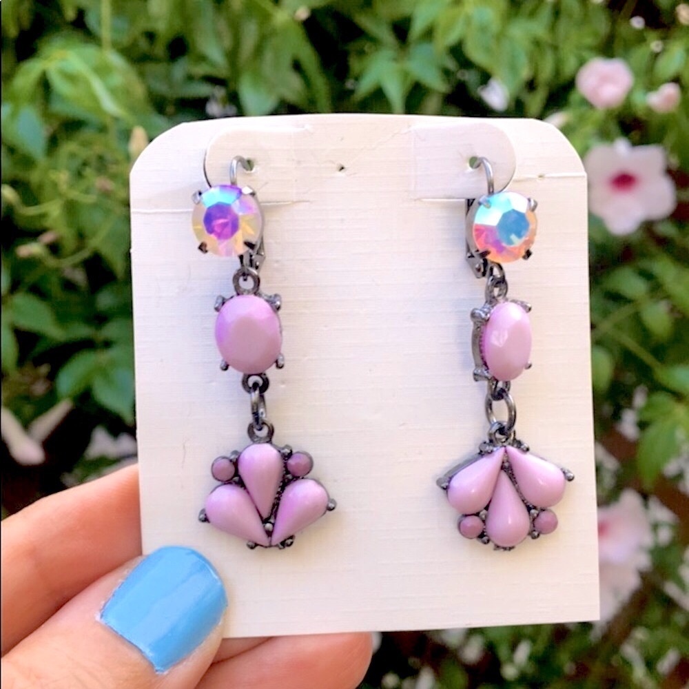 Lavender + Pink Opal Aurora Borealis Crystal Drop Statement Earrings - Picture 11 of 17